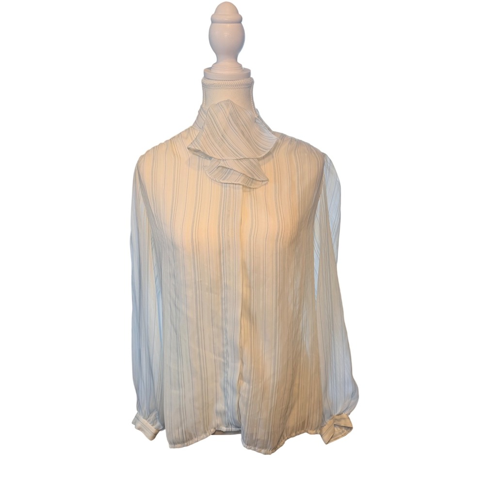 Vintage Sheer Striped Blouse Tie Neck Button Up Cottagecore Lady Arrow